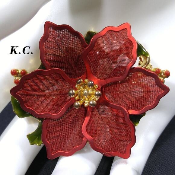 K.C. Red Mesh Poinsettia Enamel Flower Brooch Gold Tone Vintage 1980s Holiday - Picture 2 of 10